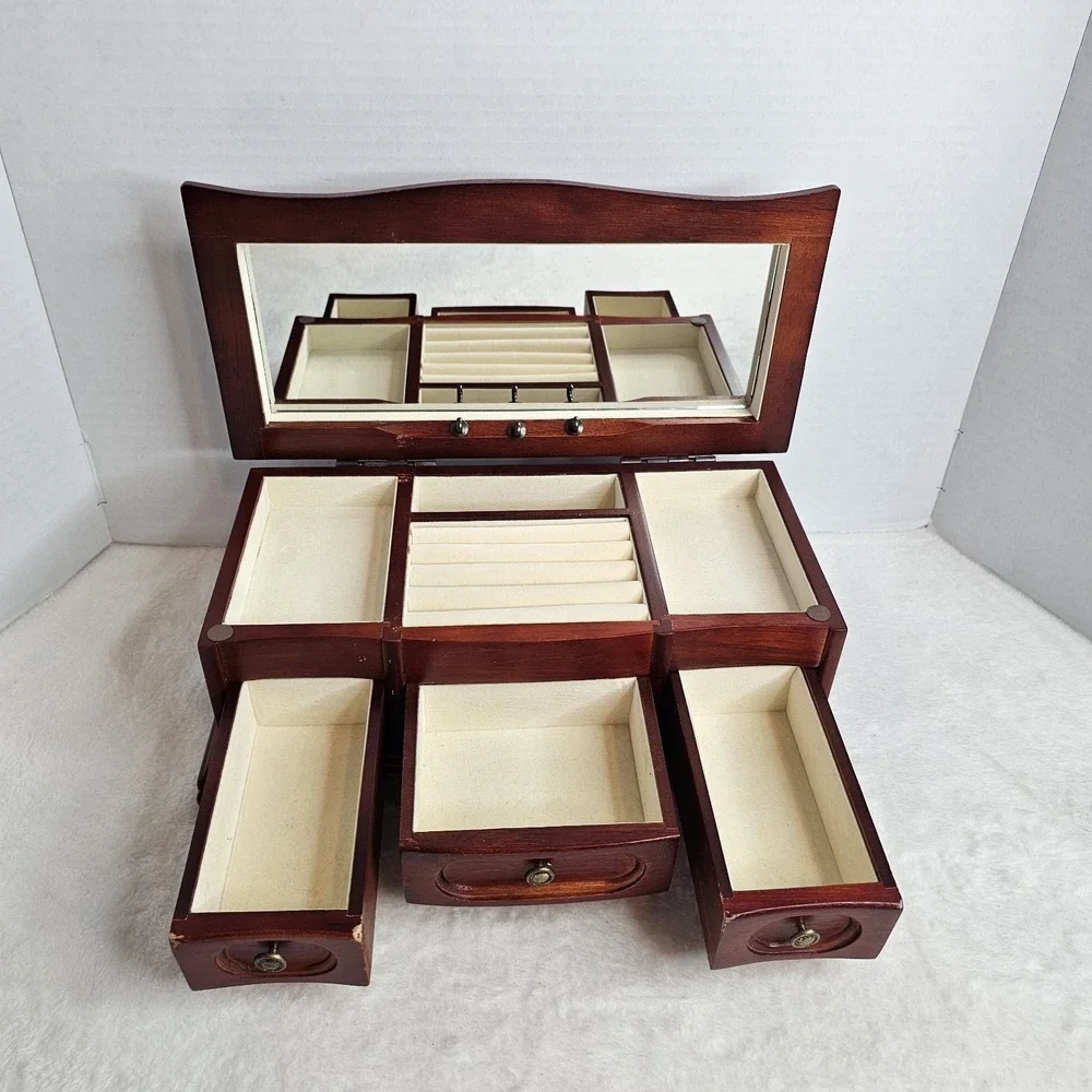 Brown Wood Rectangle Jewelry Box Organizer w/ Drawers, Ring Storage, 25+ pcs